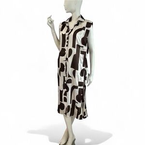 Op Art Print Satinette Side Tie Button Front Midi Sheath Dress